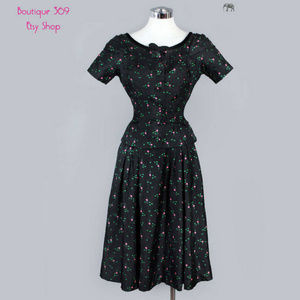 Designer Black Silk Floral Print Vintage Dress